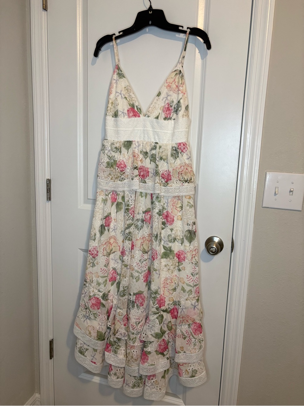 Gianni Bini Floral Lace Trim Maxi Dress in Ivory with Pink & Green